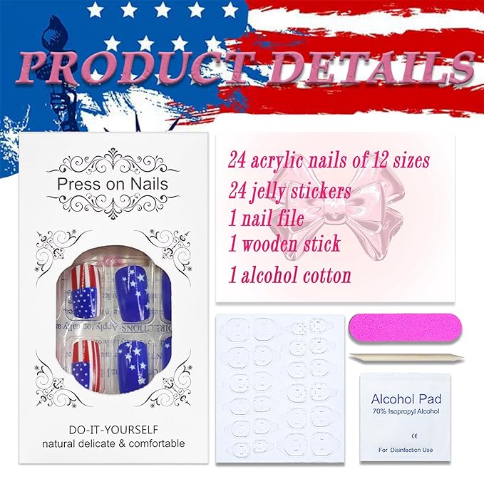 4th of July Press on Nails Medium Square Fake Nails Full Cover America Flag False Nails with Star Designs Glossy Glue on Nails Independence Day Acrylic Nails Artificial Nails for Women Girls 24Pcs