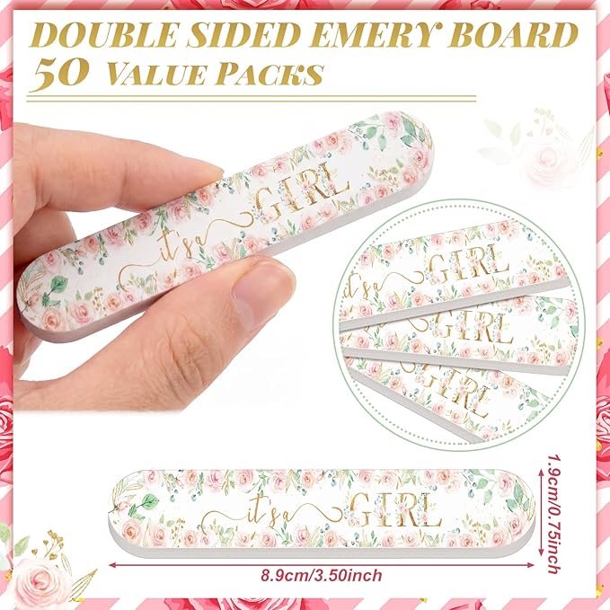 50 Pcs Floral Baby Shower Favors Decorations Baby Sower Favors Games Winners Prizes Gifts Bulk Pink Emery Board Nail Files Gender Reveal Party Favors Souvenirs Gift Bags Stuffers for Guests