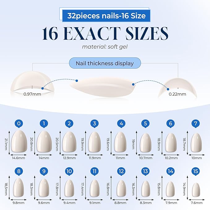 UNA GELLA White Press On Nails: Short Almond Soft Gel Press Ons Short Kit with Nail Glue on Nails, 16 Sizes - 32 Reusable Fake Nails Kit, Sheer Nude