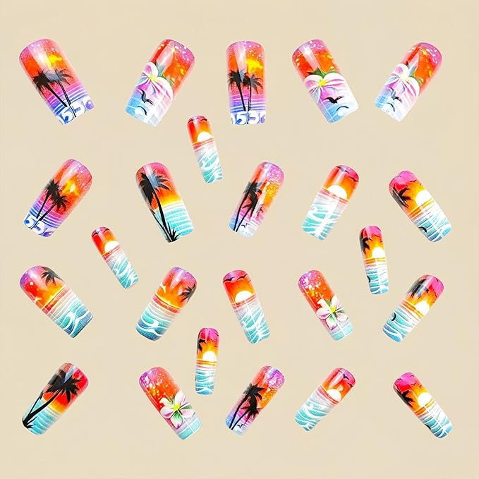 Waves French Tip Press On Nails, Medium Long Square Acrylic False Nails, 24 Pcs/Box, Multicolor, Summer Sea Pattern, Glossy Finish, Kit, Full Well Tips