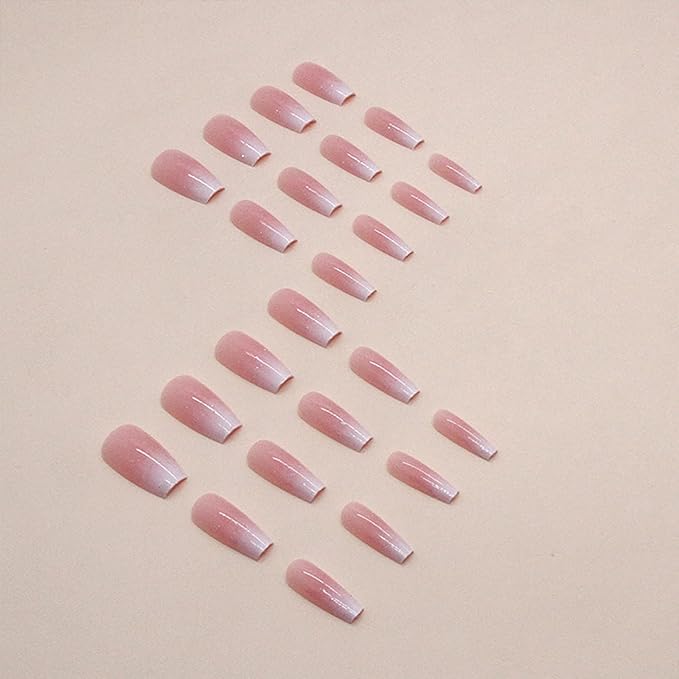Pink Press on Nails Medium Coffin Fake Nails Gradient Pink False Nails with Design Glitter Glossy Glue on Nails Full Cover Acrylic Stick on Nail Ombre Artificial Nail for Women Manicure 24Pcs