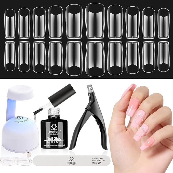 Beetles Gel Nail Kit Medium Square: Easy Nail Extension Set 5 In 1 Glue Gel Base Coat with Pre shaped Medium Square Tips and Uv Lamp Acrylic Nail Kit for Women Beauty Gift Set