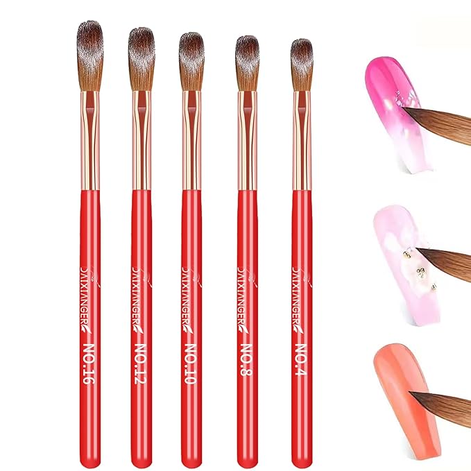 5Pcs New Year Acrylic Nail Art Brush Set -Size 4/8/10/12/16, Red Handle Nail Brushes for Acrylic Application Powder & Nail Extension, 3D Nail Carving Tools for DIY Home Salon Manicure
