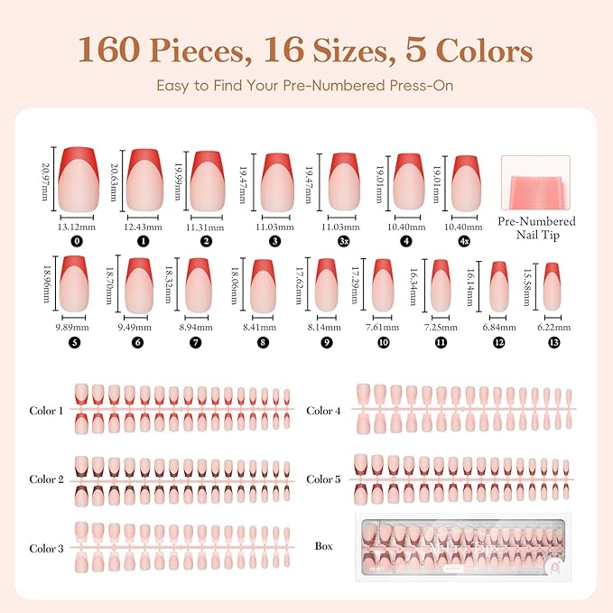 PEACECOLOR French Tip Press On Nails Kit - 160Pcs Coffin 5 Colors Nail Tips Gel Nail Kit with U V Light Base & Top Coat Starter Kit Nail Glue Full Set Fake Nails DIY Gift for Women Girls Home