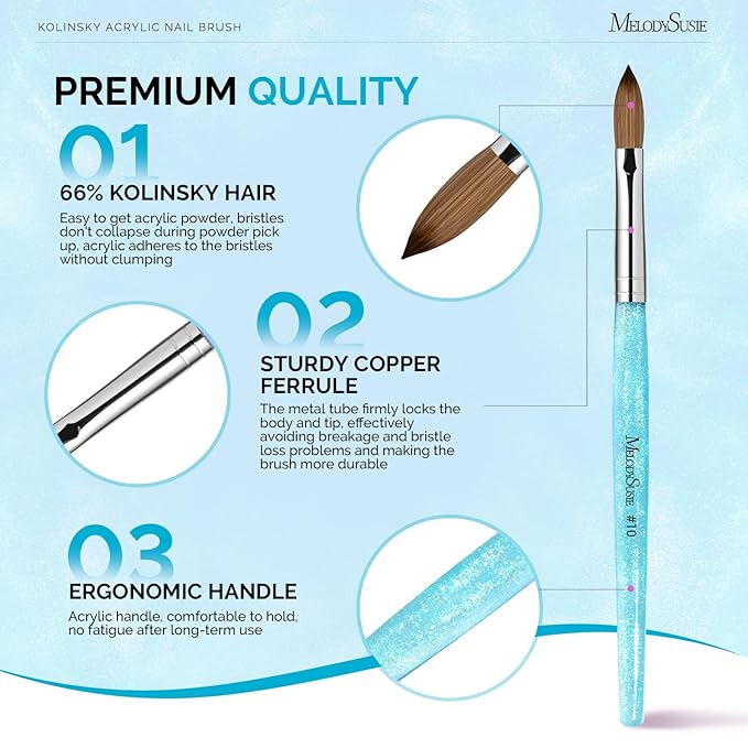 MelodySusie Kolinsky Acrylic Nail Brush,66% Kolinsky Hair Professional Nail Art Brush for Acrylic Application, Aurora Collection Fine Glitter Brush, Blue, Size 10