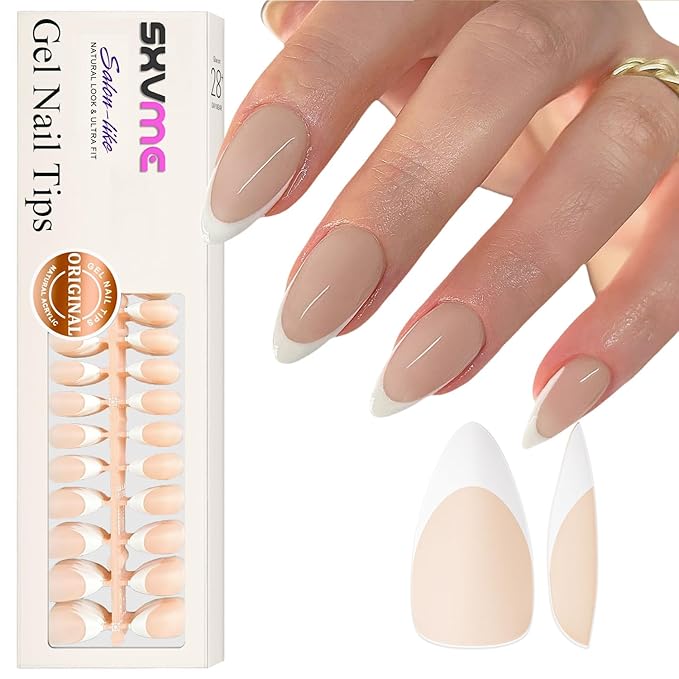 Gel French Tip Nails Medium Almond Press on Nails - 300Pcs White Natural Nude Fake Nails Extensions Kit With Pre-applied Tip Primer for Women Girls DIY