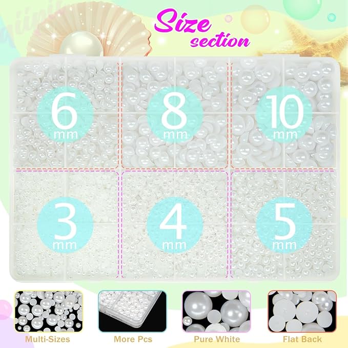Pure White Flatback Pearls w B7000 Jewelry Glue for Bedazzling Crafting 3/4/5/6/8/10mm Half Round Pearl Bedazzling Beads Bedazzler Kit for Nails Face Eyes Makeup Tumblers Bottles Crafts Phones