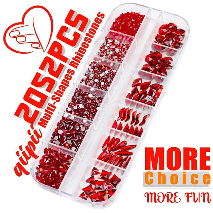 2052Pcs Red Nail Rhinestones 72 Multi Shapes Siam Red Rhinestones for Nails Flatback Nail Gems K9 Glass Round Ruby Red Beads Stones Diamonds Nail Charms Art for Nails Faces Eyes Makeup Crafts
