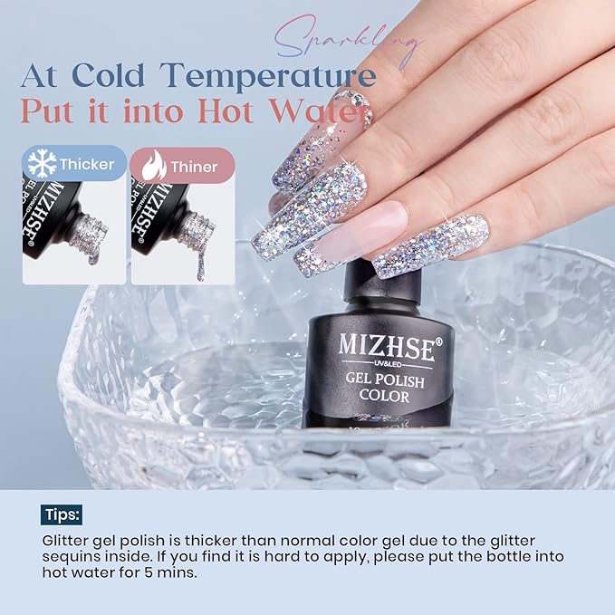 MIZHSE Silver Glitter Gel Polish, Sparkly Shiny Diamond Shimmer Soak off UV LED Gel Nail Polish for Nail Art Salon Home DIY Manicure 10ml