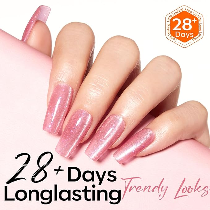 modelones Pink Cat Eye Gel Nail Polish Light Pink 9D Cateye with Magnet Shimmer Glitter Gel Polish Soak Off Reflective Translucent Jelly Gel Nail Polish 15 ML