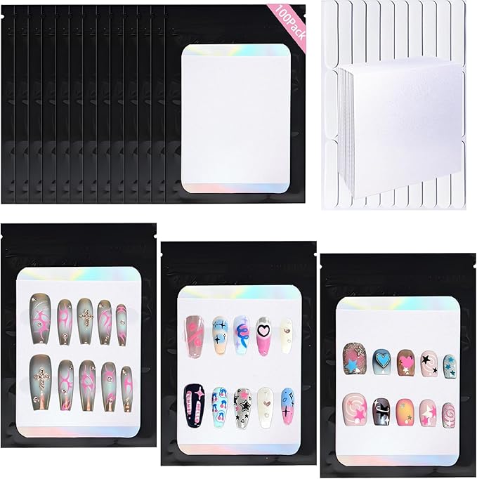 100 PCS Press On Nails Packaging Bag Holographic Nail Storage Bag and 100PCS Shiny White Pearl Card with 7 Sheets Pre-cut Nail Tape (Black)