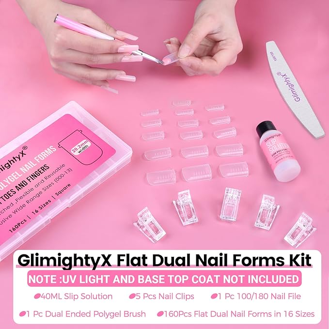 Poly Gel Nail Kit For Toes and Fingers,GlimightyX Straight Flat Dual Forms Reusable for Polygel,Pre-etched No-file Needed, 16 Sizes,with 1.35oz Nail Slip Solution, Dual-Ended Brush,Nail File &5 Clips