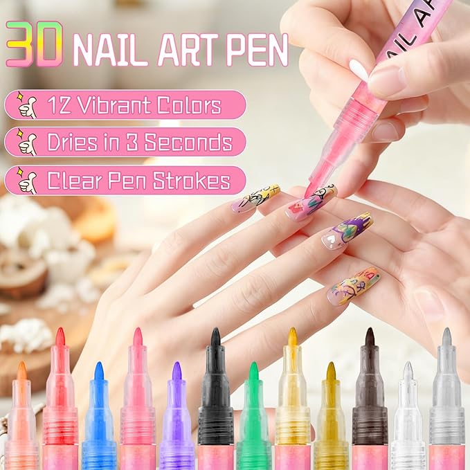 12 Colors Nail Art Pens Set, 2026 New 3D Nail Polish Pens, Paint Nail Drawing Liner Graffiti Dotting Nail Art Pen Kit Tools Nails Art Markers for Painting Point Liner DIY, Quick Dry(12 Colors)