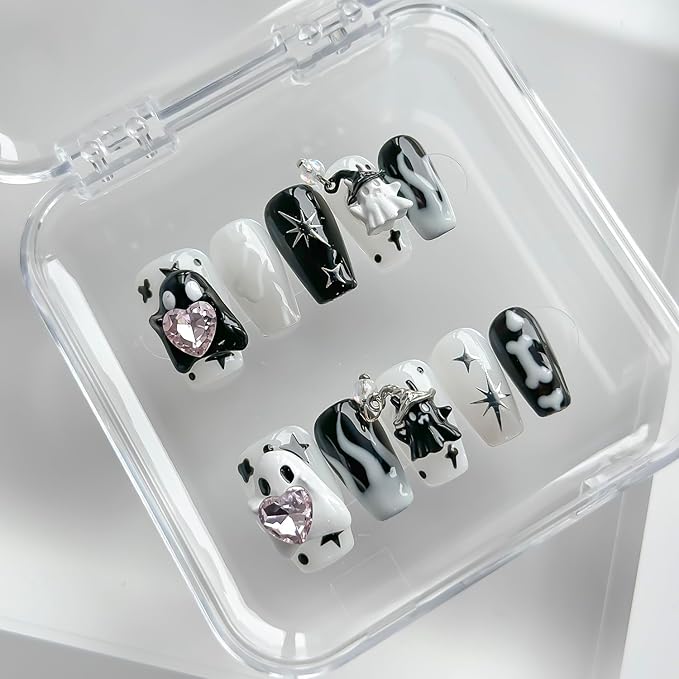 Halloween Press on Nails Medium Coffin Handmade Nails 3D Unique Reusable ABS Material Fake Nails Black&White False Nails with Designs Cute Ghost Charms Glossy Glue on Nail Thick Acrylic Nail(S)