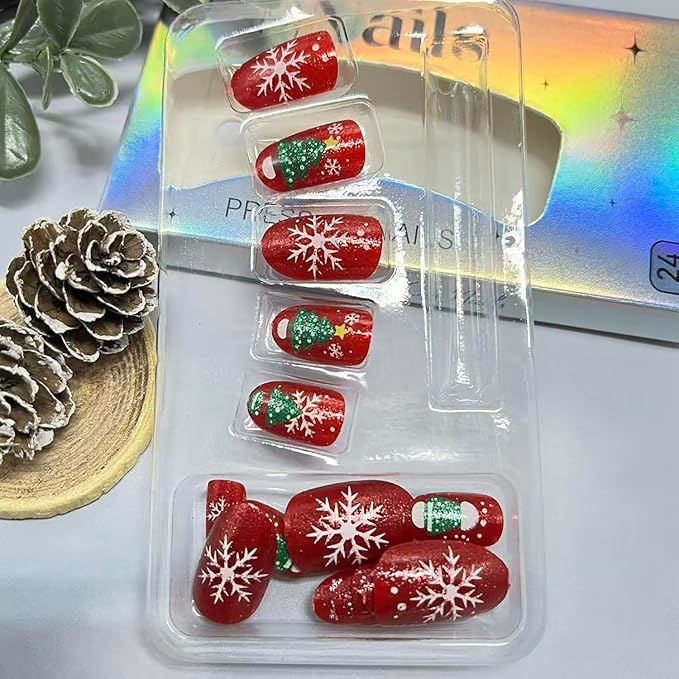 Red Christmas Press on Nails Christmas Trees Elk Snowflake Snowman False Nails Short Oval Xmas Fake Nail Winter Stick on Nail for Women 24 Pcs