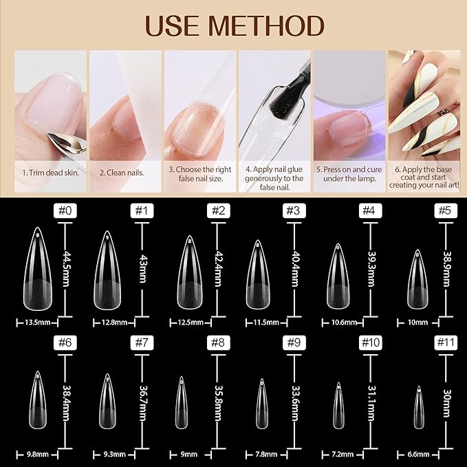 UNA GELLA Clear Stiletto Fake Nails - 216pcs Extra Long Full Cover Gel Nail Tips - 12 Sizes for Nail Extension, No Filing Needed - Home DIY Salon Gelly Tips