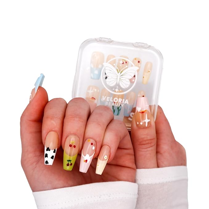 2D Handmade Press On Nails, Long Coffin Shaped w/Flowers, Cherries, & Clouds Acrylic, Gel, Reuseable Kit, For Women Daily Wear or Special Occasion (Celestial Blossom)
