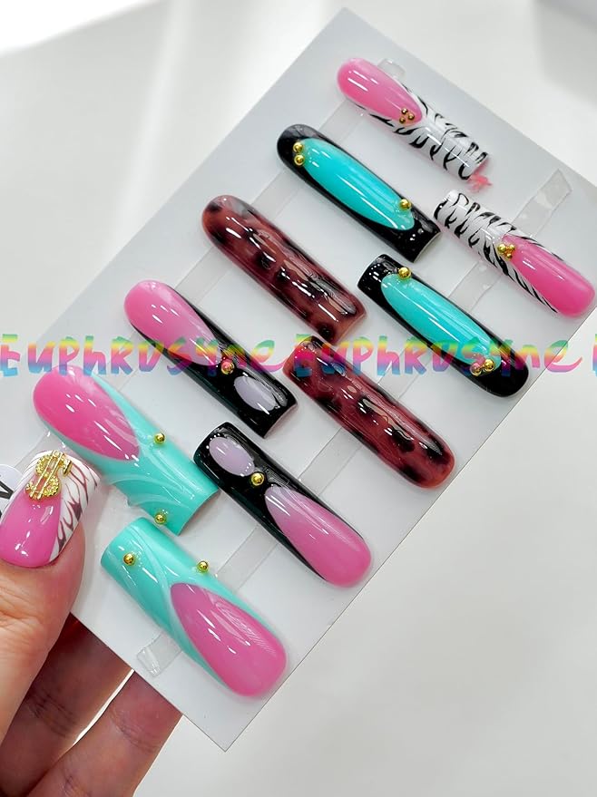 10PCS Multicolor Press On Nails – Long Coffin Fake Nails with Zebra Print, Leopard Pattern, Abstract Swirls & Stud Accents, Glossy Reusable Y2K Nails for Women and Girls – Euphrosyne