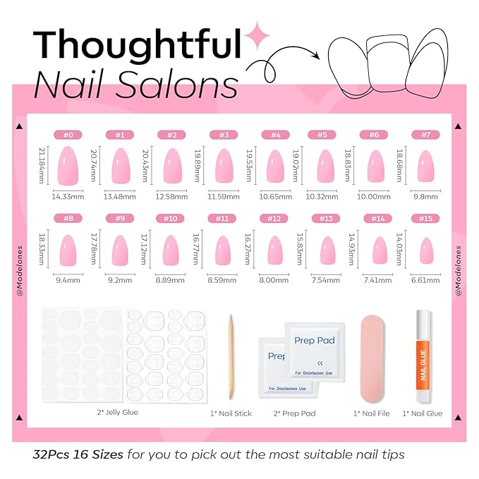 Modelones Pink Press on Nails Almond, Spring Short Almond Fake Nails, Reusable Nail Kit with Nail Glue Adhesive Tabs Mini Nail File, Nails Press Ons 32Pcs 16 Sizes