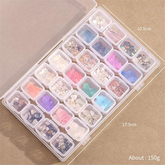 28 Grids/Box Mix Color Abalone Shell Sequins Iridescent Mermaid Flakes Sticker for Nails 3D Gradient Broken Seashell Stones Slices Nail Art Decorations Nail Glitter Flakes