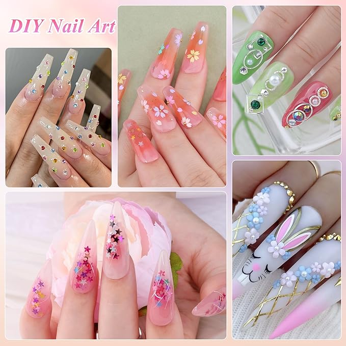 9 Boxes Nail Art Rhinestones Kit with 30 Sheets Nail Art Stickers, Gold Nail Studs Nail Sequins Flatback Pearls Rhinestones for Crafts, Small Fruit Nail Charms Tiny Gems for Nails DIY Decorations