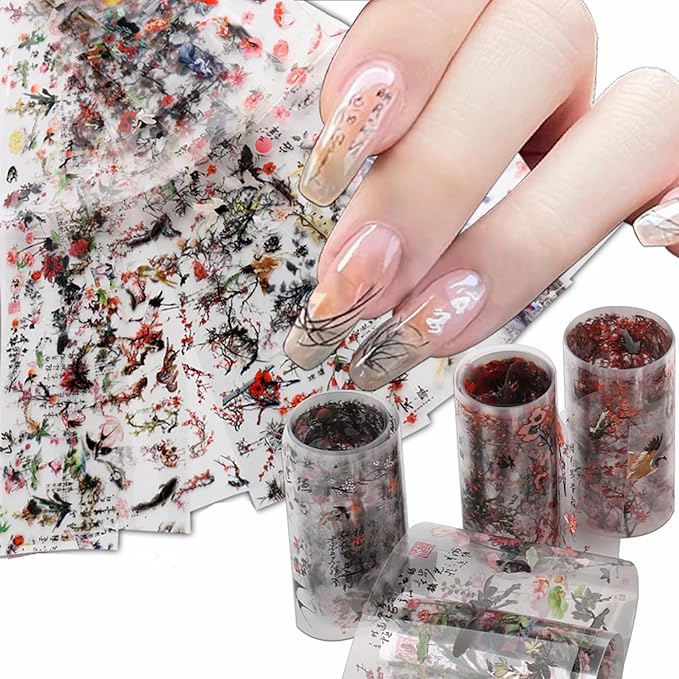 JERCLITY 10 Rolls Chinese Style Nail Foil Transfer Sticker Plum Orchid Bamboo Ink Painting Pattern Nail Art Decals Transfer Stickers Wraps