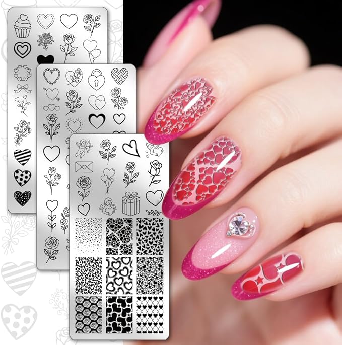 PH PandaHall 3pcs Love Heart Nail Stamping Templates Rose Flower Nail Art Templates Valentine's Day Stencils Angel Stainless Steel Image Plates Tool for Women Print Manicures Salon Design