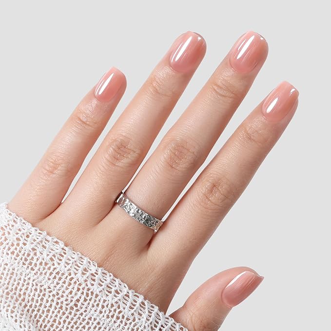UNA GELLA Chrome Nude Press On Nails: Short Square Soft Gel Press Ons Kit with Nail Tips Glue on Nails, 16 Sizes - 32 Reusable Chrome Holographic Fake Nails Kit, Nude Pink