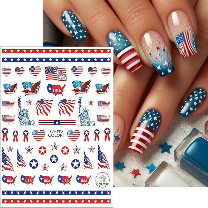 6Pcs Independence Day Nail Stickers for Nail Art - Celebrate 4th of July Nail Decals 3D Self-Adhesive USA Flags Heart Star Bow Eagle Design Firework Sticker for Memorial Day DIY Patriotic Nail Decor