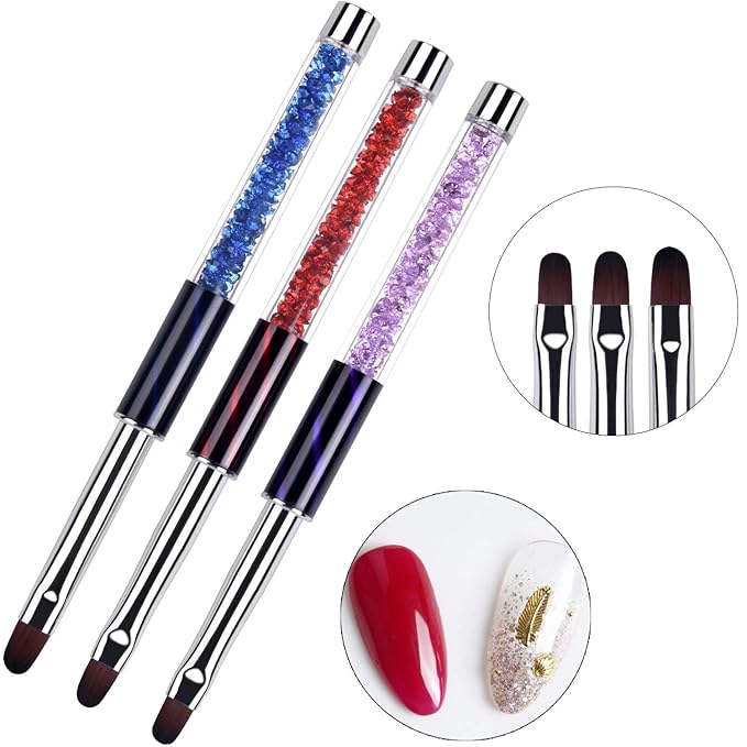 3Pcs Oval UV Builder Gel Nail Brush Set Rhinestone Handle Polygel Hard Gel Nail Art Brushes Professional Nail Art Tools