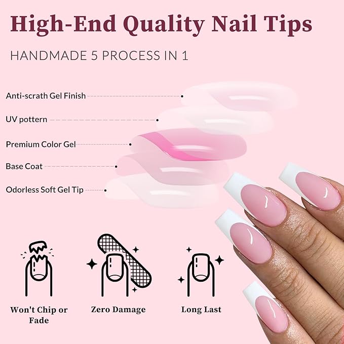 240PC White French Tip Press on Nails Medium Fake Nails Press ons with 5*Adhesive Tabs, Pink Coffin Acrylic Nail Press on Nail French Tip Nails False Artificial Fingernails Stick on Nails-A