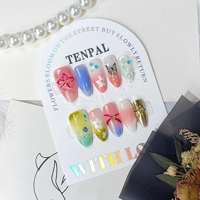 Pink Green Purple Nails,Handmade Press on Nails Almond,Glossy Soft Gel Fake Nails Wth Flower Butterfly Designs,Summer False Nails Press Ons,Colorful Acrylic Almond Nails,Medium Size