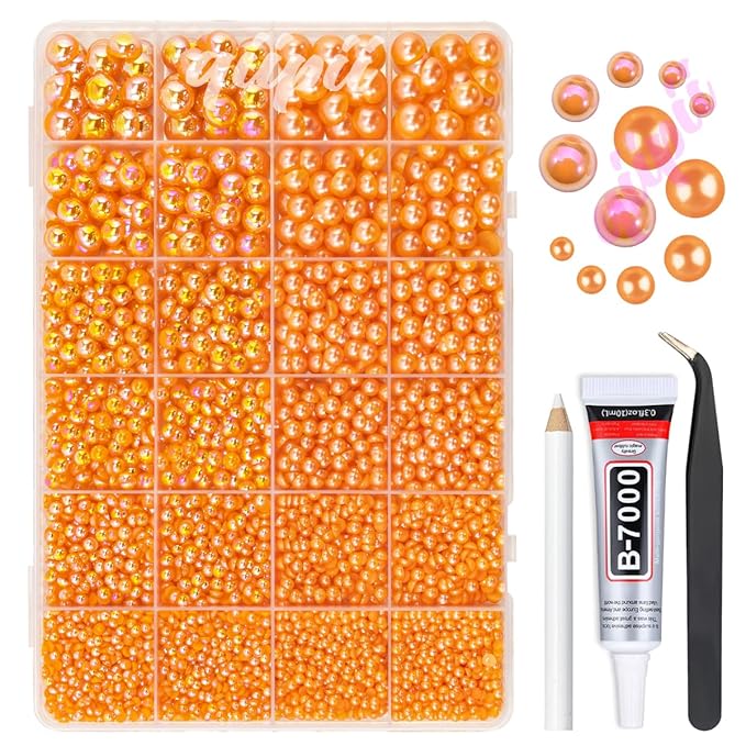 2 Styles Orange Red Flatback Pearls for Bedazzling Crafting 3mm-10mm Half Round Pearls Beads Gems Bedazzler Kit Charms for Nails Face Eyes Makeup Tumblers Bottles DIY Crafts Shoes Beauty Decor