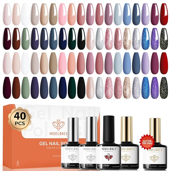 modelones 40 Pcs Gel Nail Polish Set, 36 Colors Fall Winter Nude Brown Burgundy Red Blue White Black Glitter Gel Polish Kit with Base Coat& Matte Glitter Glossy Top Coat Salon DIY LED Manicure Gift