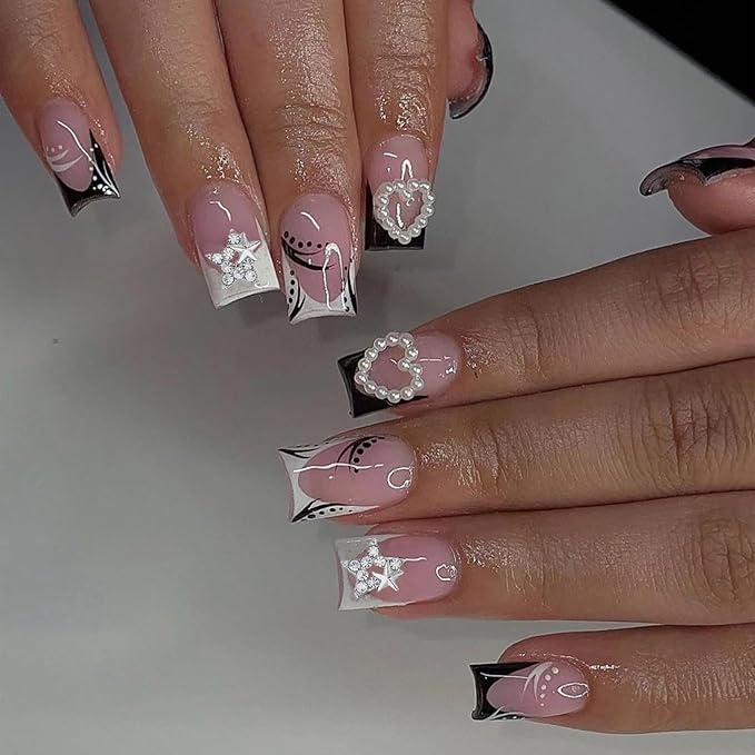 Press on Nails Short Square MABKJLF French Tip Fake Nails Black & White False Nails Stars Pearls Heart Charms Designs Glossy Glue on Nails Stick on Nails for Women Girls 24 Pcs