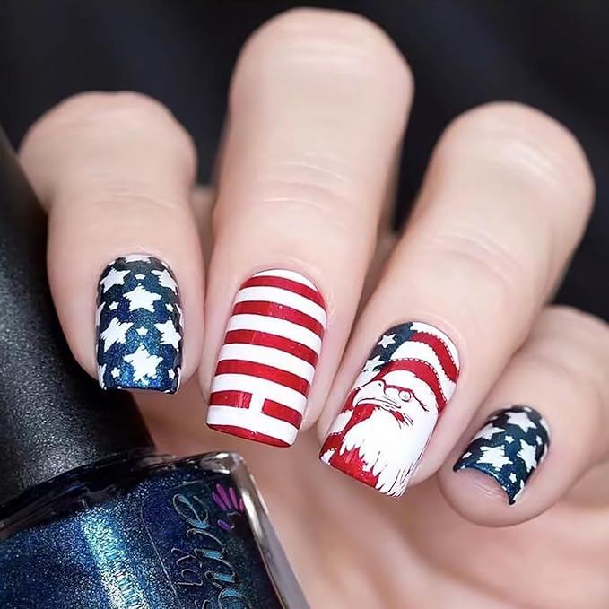 4th of July Press on Nails Medium Square America Flag Fake Nails Bald Eagle False Nails with Designs Full Cover Glossy Glue on Nails Acrylic Nails Manicure Artificial Nails for Women Girls 24Pcs