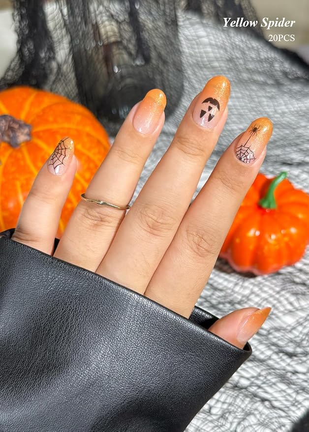 Semi Cured Gel Nail Strips (Orange Spider), Halloween, 20 Pcs Gel Nail Wraps, Stickers, Salon Quality, Long Lasting, Works with Any UV Lamps
