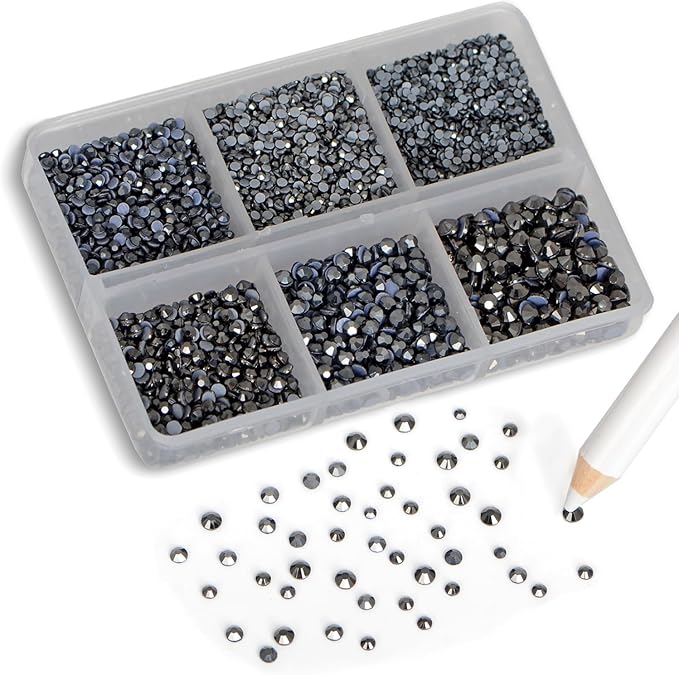 8000pcs Hotfix Rhinestones Flatback,Rhinestones for Crafts Clothes Mixed 6 Sizes, Hotfix Crystals with Wax Pencil Kit, SS3-SS12,Jet Hematite