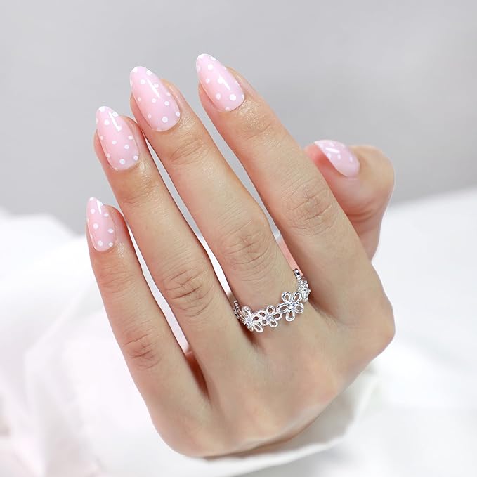 Press On Nails - Sugar | Pink Polka Dot UV Finish Almond Nails, Reusable Salon Quality | 32 Nails, 16 Sizes Kit with Glue and Adhesive Tabs I Female Founded