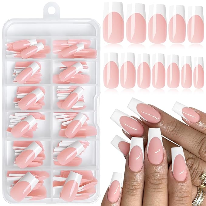 120PC White French Tip Press on Nails Medium Fake Nails Press ons with 5*Adhesive Tabs, Pink Square Acrylic Nail Press on Nail French Tip Nails False Artificial Fingernails Stick on Nails-A