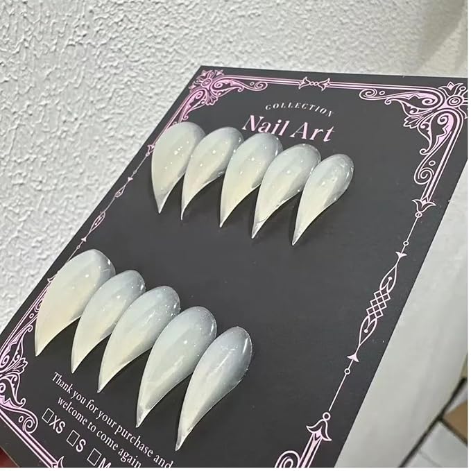 Press on Nails Medium Curved Stiletto Handmade Eagle Claw Unique Reusable Fake Nails Dragon Claw False Nails with Designs Cat Claw Glossy Glue on Nail Thick Acrylic Nail (Translucent White,L)