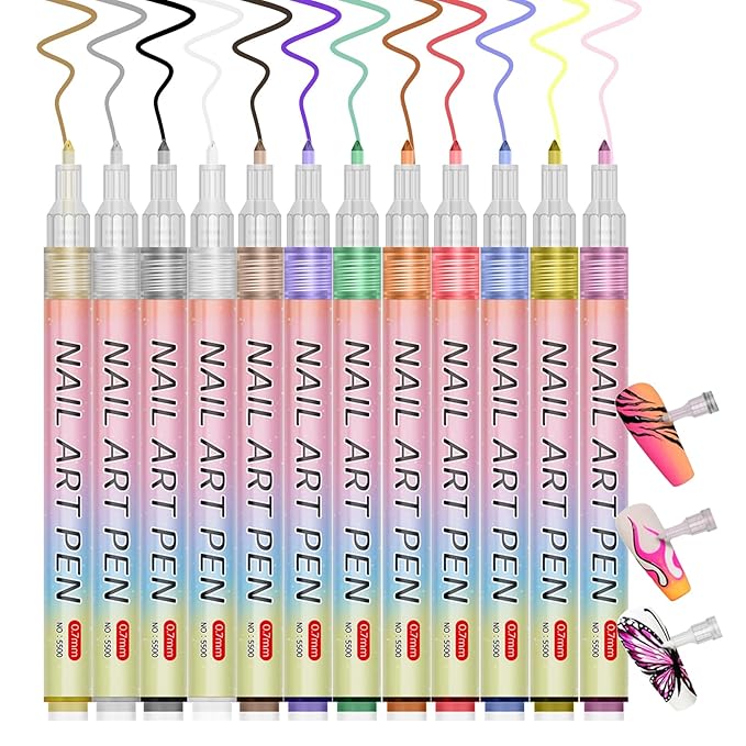 Nail Art Pens Set,12 Colors Nail Polish Graffiti Pens, Nail Varnish Pens, Waterproof Quick Dry Nail Drawing Pen, Acrylic Marker Pens 0.7mm Fine Tip Nail Point Graffiti Pens Nail Art Kit