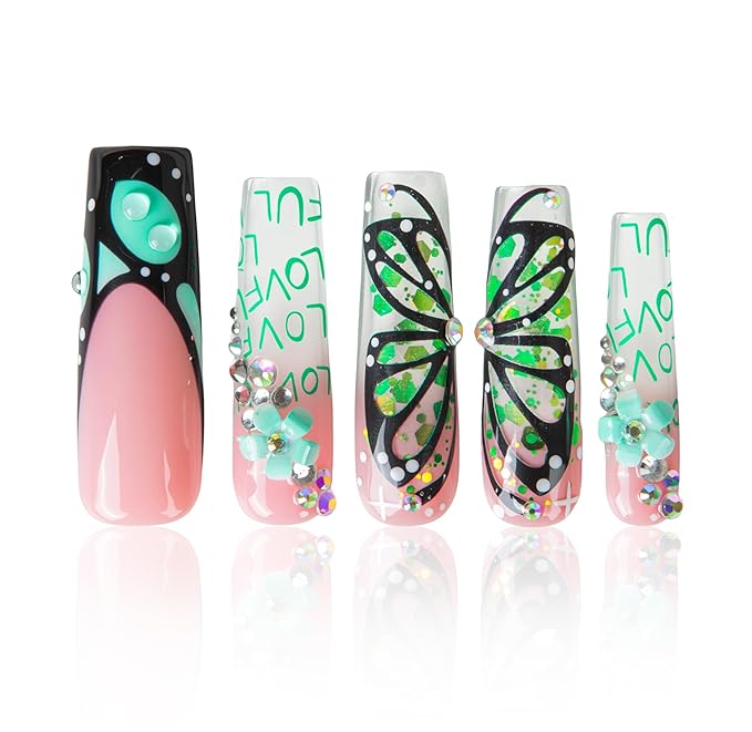 LOVFUL Press on Nails Teal Flutter| Handmade Acrylic Press ons| Reusable Fake False Nails| Square Mid length 1.7in| H724-M
