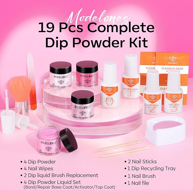Modelones Dip Powder Nail Kit, 4 Colors Pink Glitter Spring Summer Dipping Starter Set with Liquid and Complete Accessories for French Nails Art Salon DIY at Home Manicure