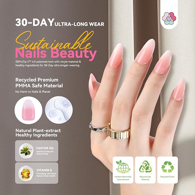 SAVILAND Almond Nail Tips 30 Days Wear: 96 Pcs 16 Sizes French Tip Nails Pink White Ombre Full Cover False Nail Tips Strong Nail Glue For Nail Tips Nail Primer Builder Nail Gel LED Lamp Manicure Kit