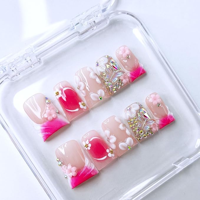 10 Pcs Handmade Press on Nails Medium Duck Fake Nails with Glue,Butterfly Rhinestone Rose Pink False Nails with 3D Flower Designs Thick Acrylic Reusable Stick on Nails for Women Girls（Size M）