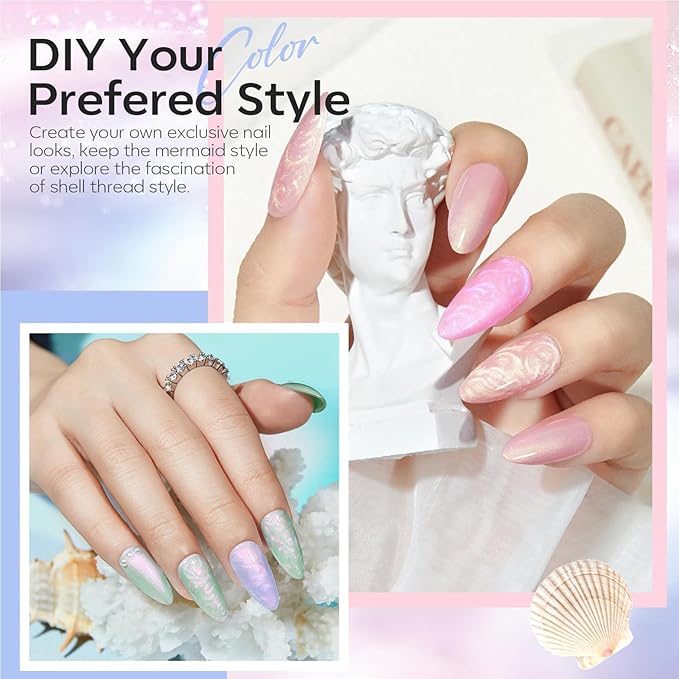 modelones Pearl Gel Nail Polish Set, 6 Colors 2026 Spring Aurora Iridescent Shimmer White Pink Purple Mermaid Nail Drawing Glitter Gel Polish LED Swirl Shell Thread Effect with Dotting Pen DIY Gift