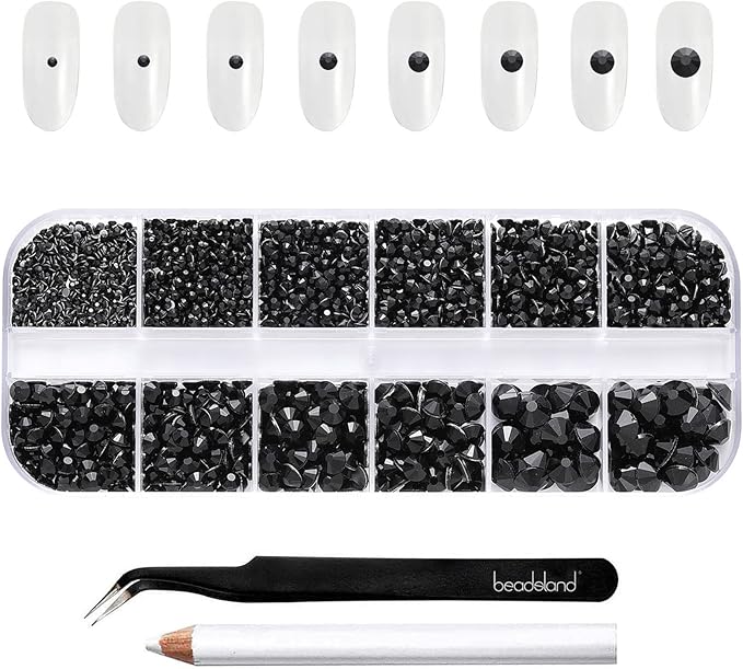 Beadsland Rhinestones for Makeup,8 Sizes 2500pcs Black Flatback Rhinestones Face Gems for Nails Crafts with Tweezers and Wax Pencil,Black,SS4-SS30