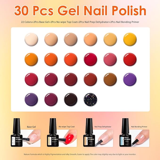 MEET ACROSS Fall Winter Series Gel Polish Set 22 Colors Gel Nail Polish Kit Orange Burgundy Red Purple for Nail Art Manicure Kit for Women 30Pcs