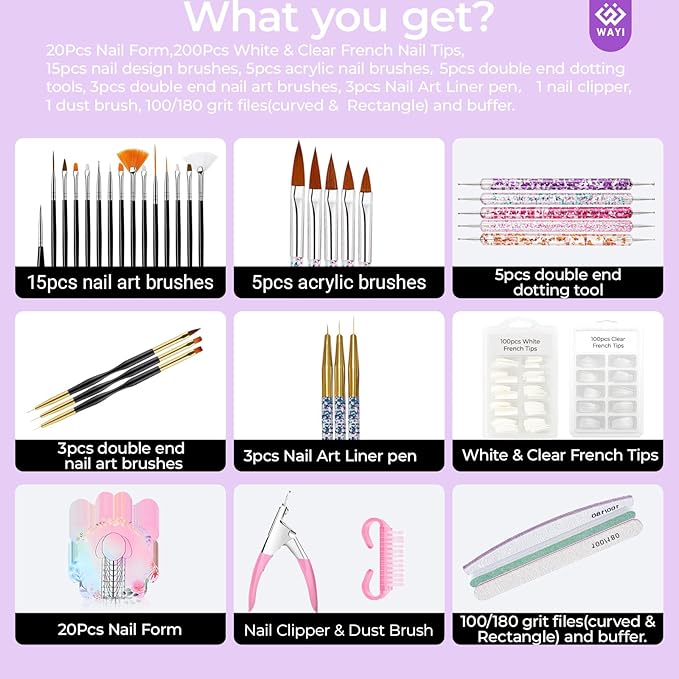 WAYI Nail Kit with 200 White & Clear French Tips, Nail Forms, Acrylic Brushes, Drawing Tools, Dotting Pens, Clipper, File & Buffer for UV Gel Acrylic DIY Manicure & Salon Use